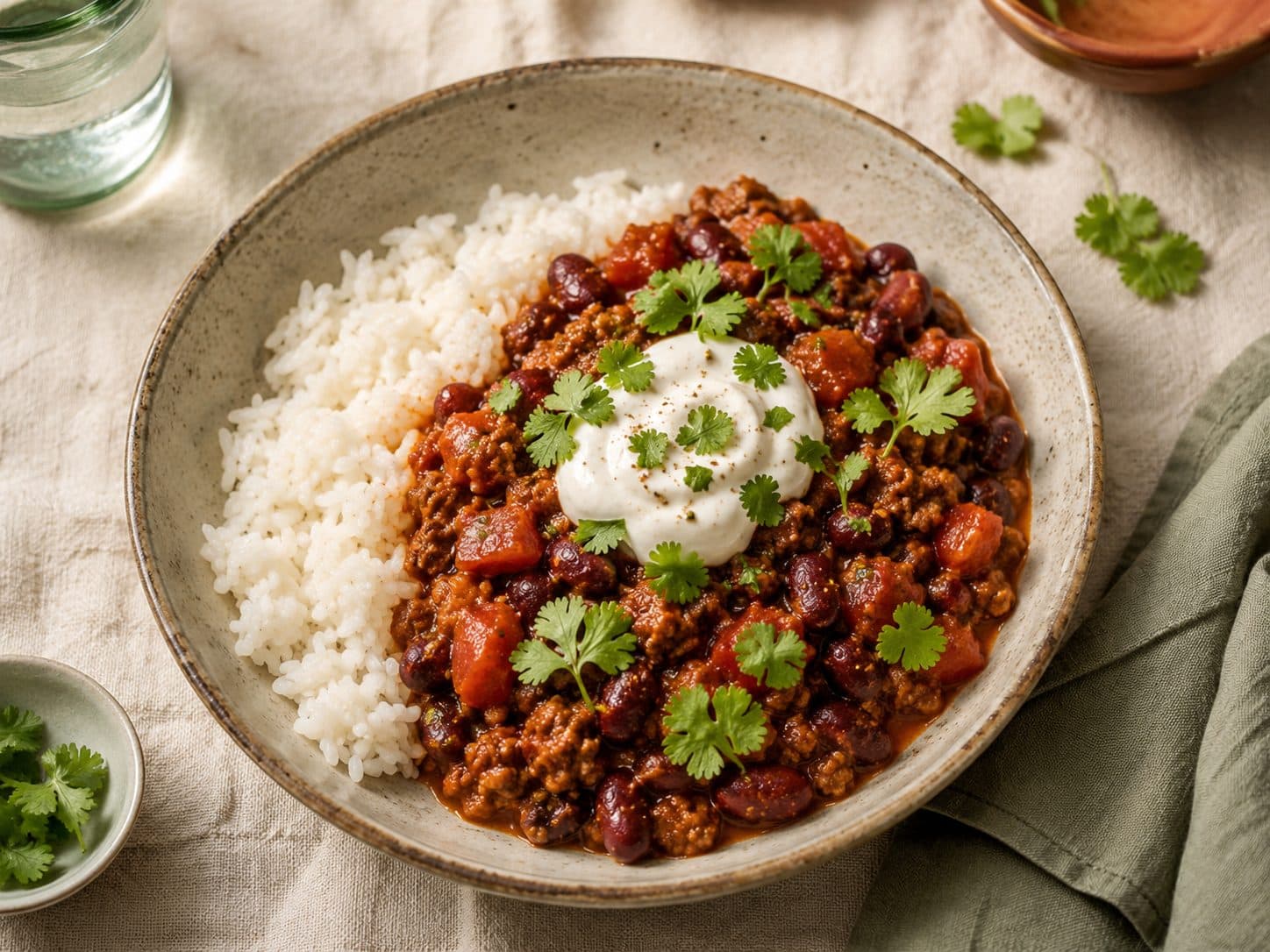 Chili con carne servert på et fat
