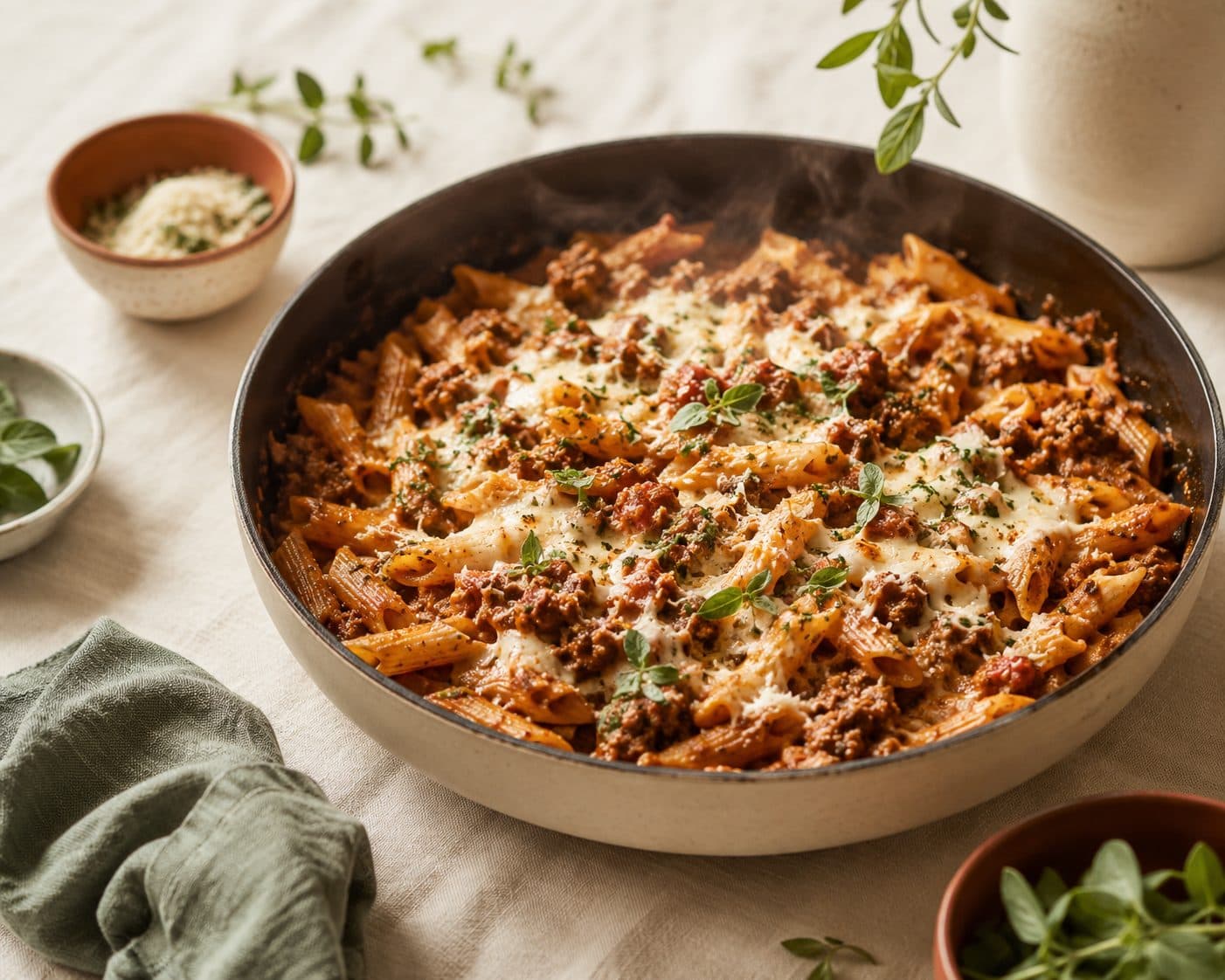 Pasta med fyldig kjøttsaus og revet parmesan i en panne