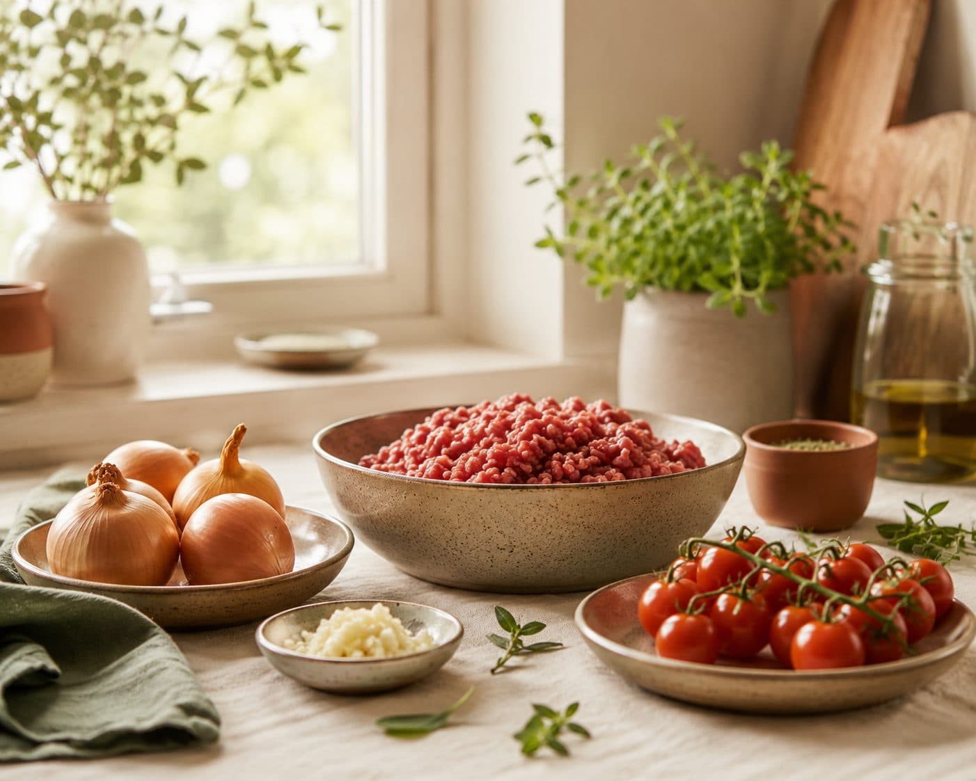 Kjøkken med ingredienser til en kjøttdeigrett