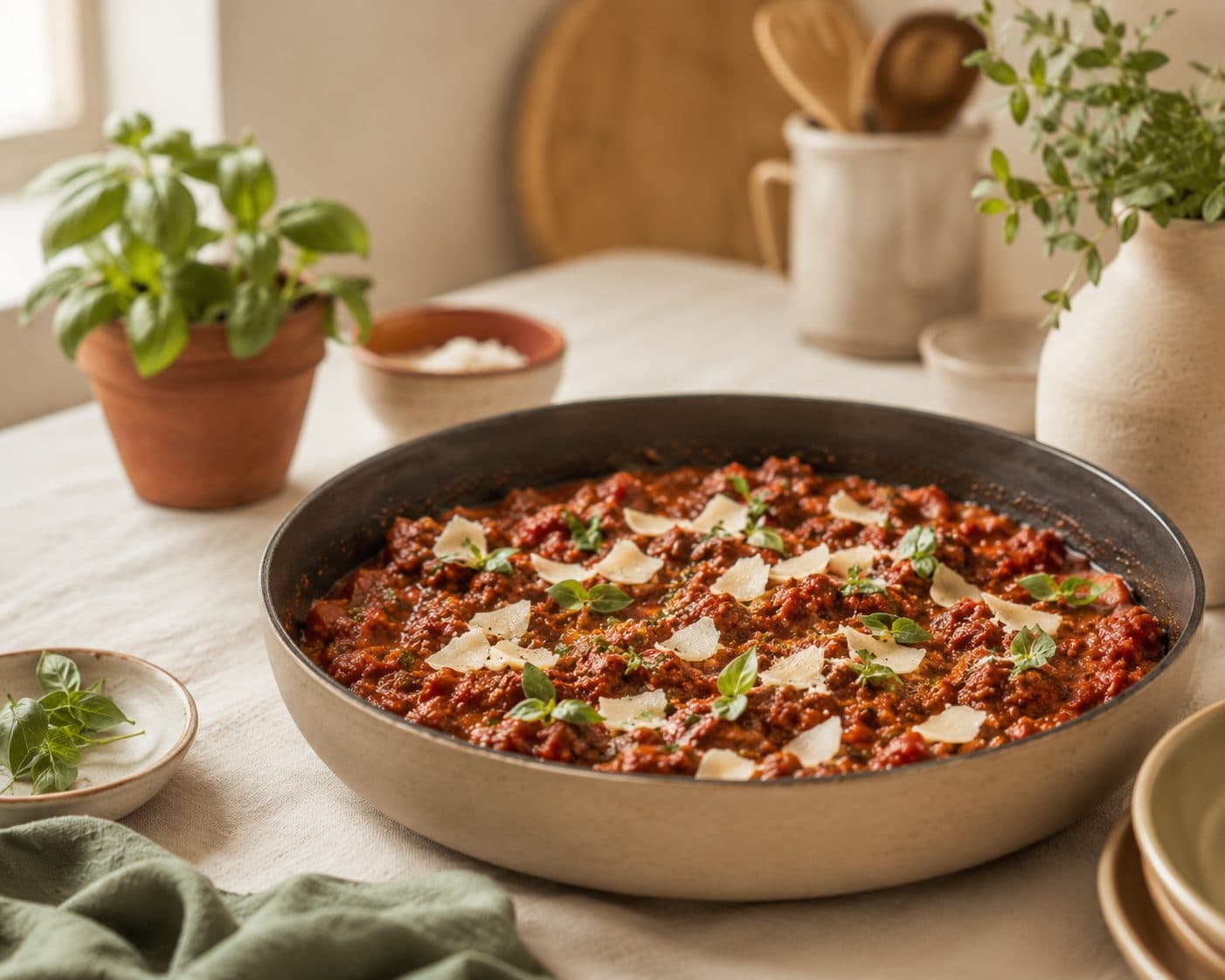 Panne med kjøttdeigsaus toppet med basilikum og parmesan