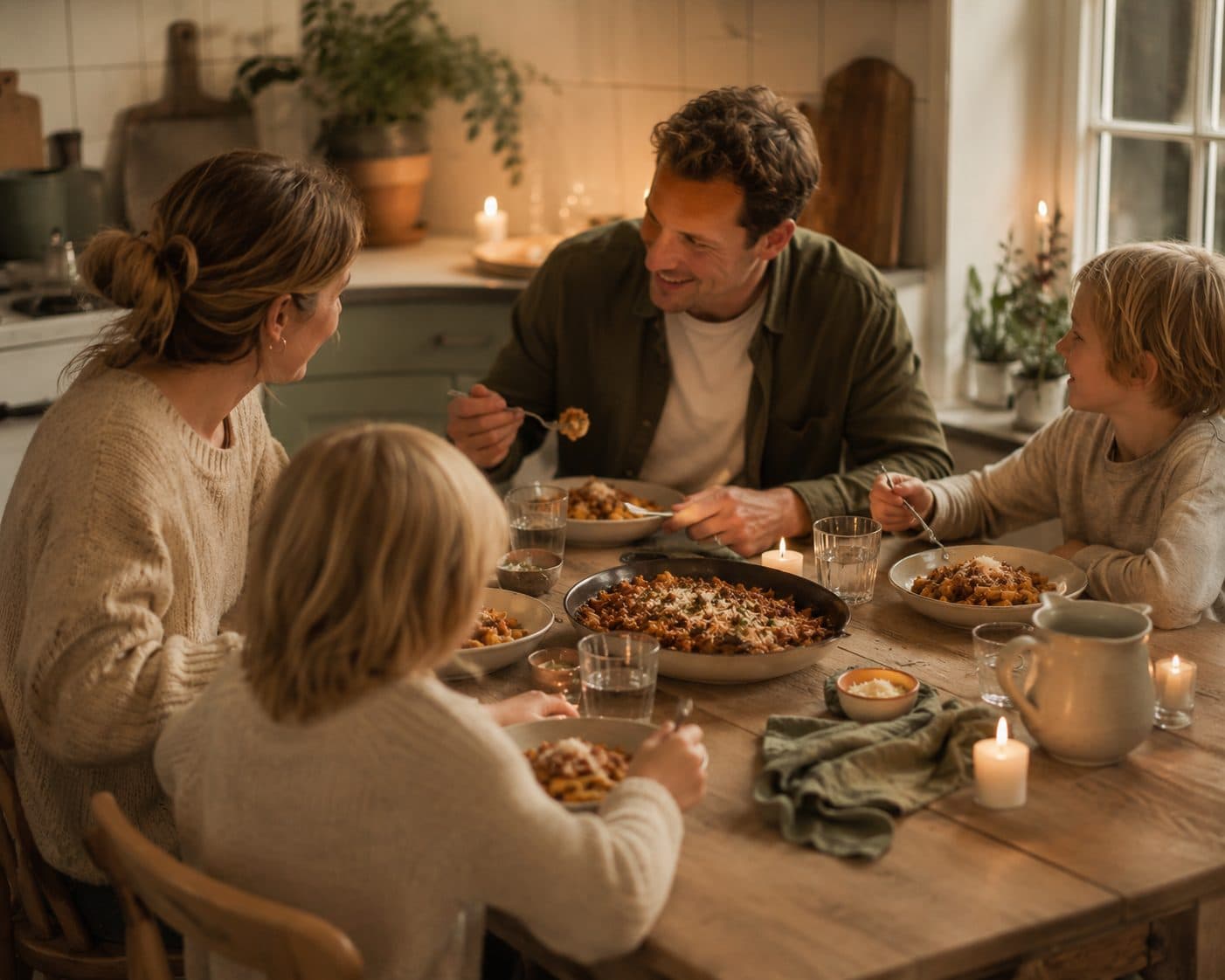 Familie som spiser middag sammen ved kjøkkenbordet