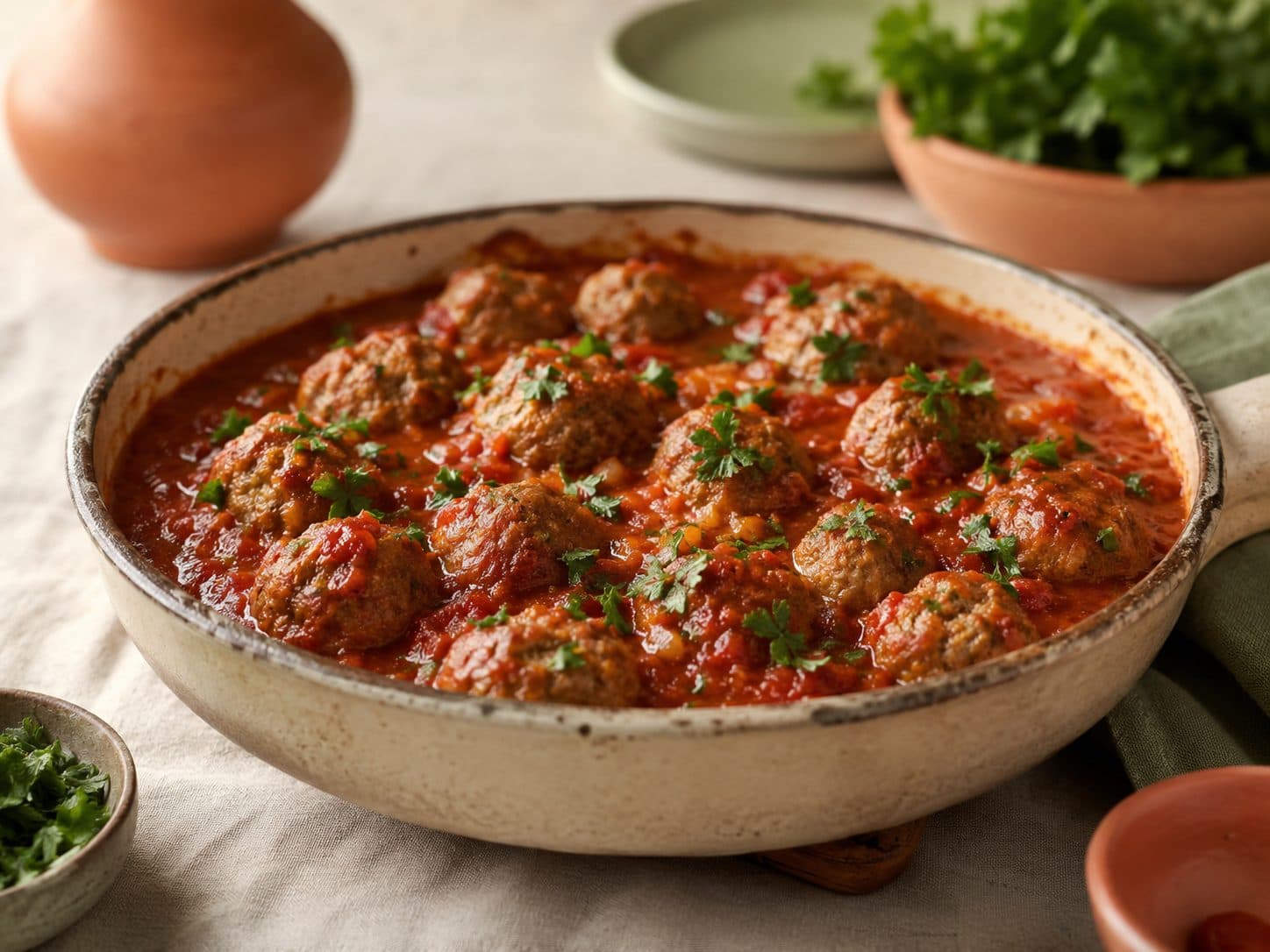 Kjøttboller i tomatsaus servert på et fat