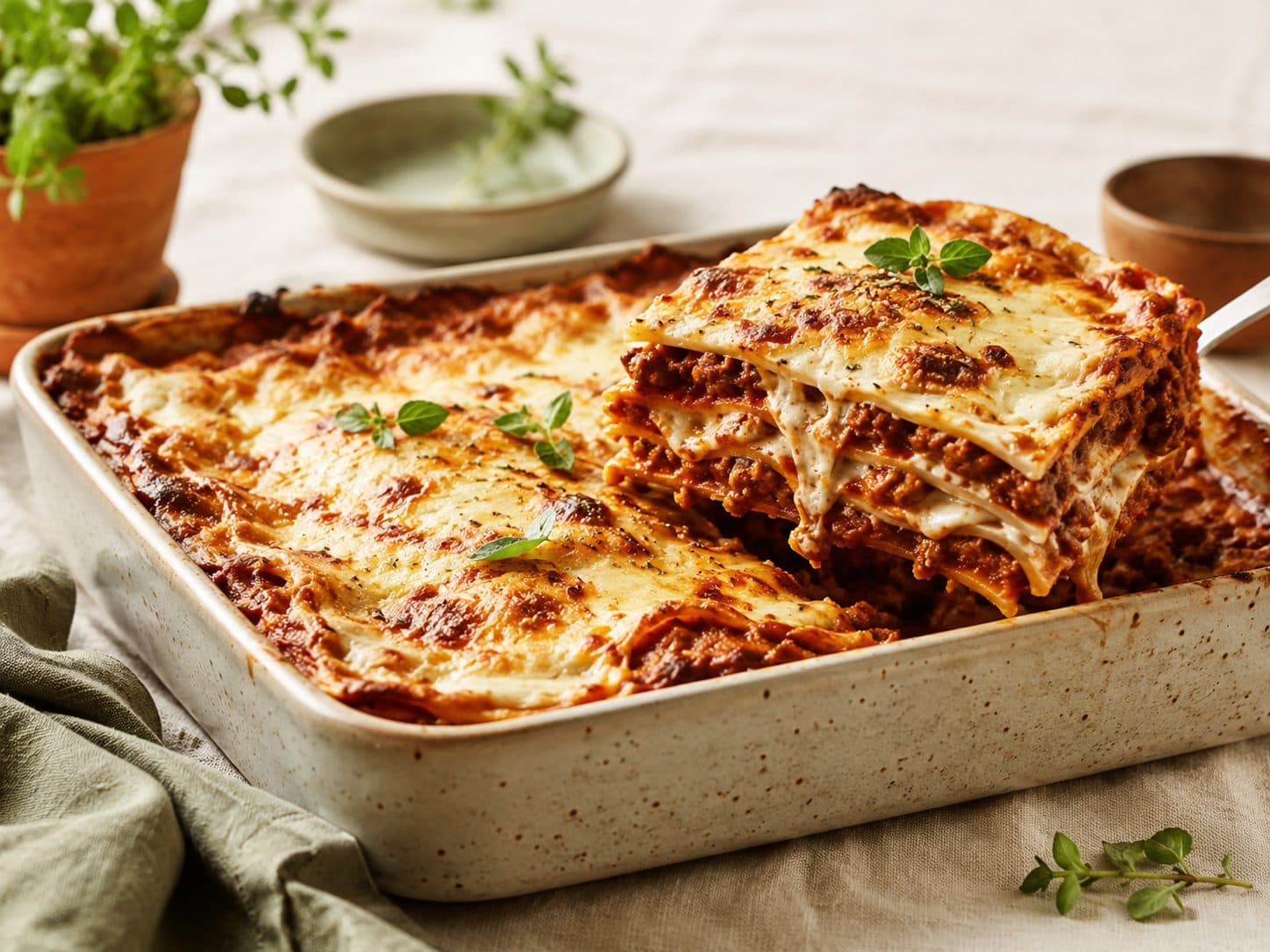 Lasagne med kjøttdeig servert på et fat