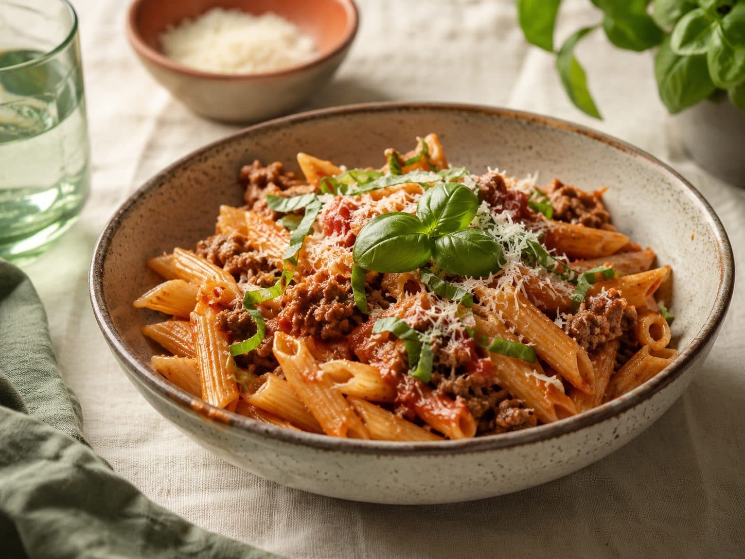 Pasta med kjøttdeigsaus servert på et fat