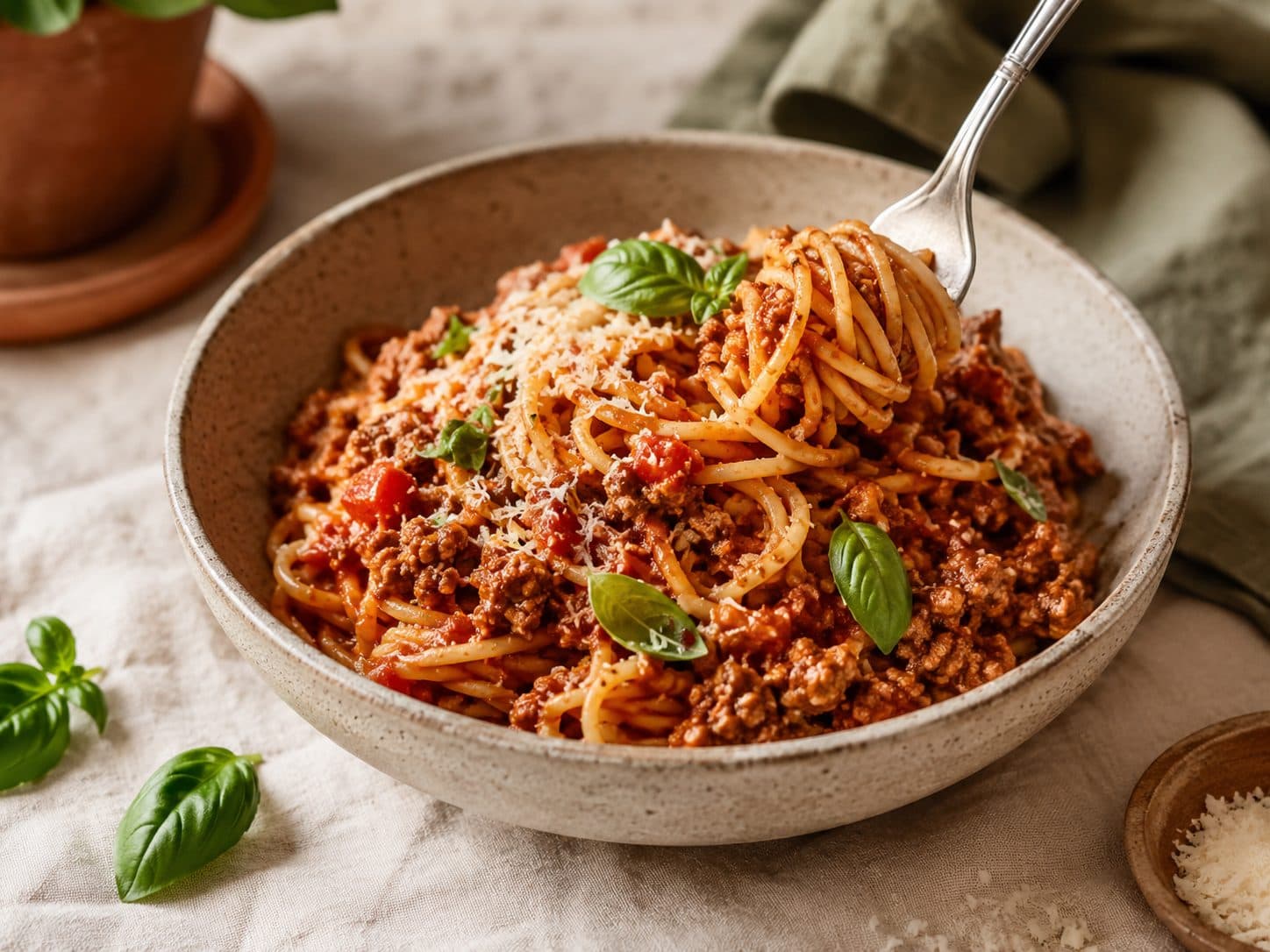 Spaghetti bolognese servert på et fat